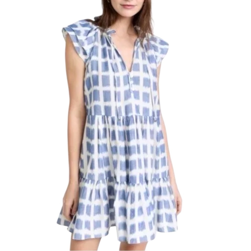 VERONICA BEARD Zee Ikat Mini Dress Blue White‎ Flutter Sleeve Ruffle Size 8